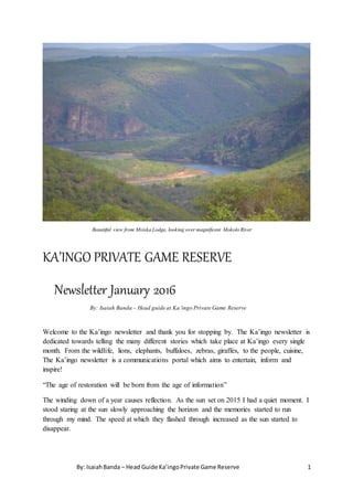 By: IsaiahBanda – Head Guide Ka’ingoPrivate Game Reserve 1
Beautiful view from Msiska Lodge, looking over magnificent Mokolo River
KA’INGO PRIVATE GAME RESERVE
Newsletter January 2016
By: Isaiah Banda – Head guide at Ka’ingo Private Game Reserve
Welcome to the Ka’ingo newsletter and thank you for stopping by. The Ka’ingo newsletter is
dedicated towards telling the many different stories which take place at Ka’ingo every single
month. From the wildlife, lions, elephants, buffaloes, zebras, giraffes, to the people, cuisine,
The Ka’ingo newsletter is a communications portal which aims to entertain, inform and
inspire!
“The age of restoration will be born from the age of information”
The winding down of a year causes reflection. As the sun set on 2015 I had a quiet moment. I
stood staring at the sun slowly approaching the horizon and the memories started to run
through my mind. The speed at which they flashed through increased as the sun started to
disappear.
 