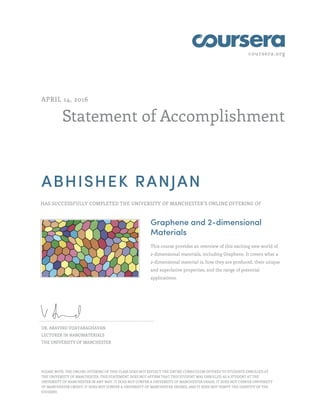 coursera.org
Statement of Accomplishment
APRIL 14, 2016
ABHISHEK RANJAN
HAS SUCCESSFULLY COMPLETED THE UNIVERSITY OF MANCHESTER'S ONLINE OFFERING OF
Graphene and 2-dimensional
Materials
This course provides an overview of this exciting new world of
2-dimensional materials, including Graphene. It covers what a
2-dimensional material is, how they are produced, their unique
and superlative properties, and the range of potential
applications.
DR. ARAVIND VIJAYARAGHAVAN
LECTURER IN NANOMATERIALS
THE UNIVERSITY OF MANCHESTER
PLEASE NOTE: THE ONLINE OFFERING OF THIS CLASS DOES NOT REFLECT THE ENTIRE CURRICULUM OFFERED TO STUDENTS ENROLLED AT
THE UNIVERSITY OF MANCHESTER. THIS STATEMENT DOES NOT AFFIRM THAT THIS STUDENT WAS ENROLLED AS A STUDENT AT THE
UNIVERSITY OF MANCHESTER IN ANY WAY. IT DOES NOT CONFER A UNIVERSITY OF MANCHESTER GRADE; IT DOES NOT CONFER UNIVERSITY
OF MANCHESTER CREDIT; IT DOES NOT CONFER A UNIVERSITY OF MANCHESTER DEGREE; AND IT DOES NOT VERIFY THE IDENTITY OF THE
STUDENT.
 