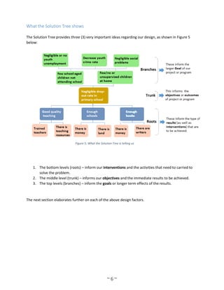 ~ 6 ~
What the Solution Tree shows
The Solution Tree provides three (3) very important ideas regarding our design, as shown in Figure 5
below:
1. The bottom levels (roots) – inform our interventions and the activities that need to carried to
solve the problem.
2. The middle level (trunk) – informs our objectives and the immediate results to be achieved.
3. The top levels (branches) – inform the goals or longer term effects of the results.
The next section elaborates further on each of the above design factors.
Figure 5: What the Solution Tree is telling us
 