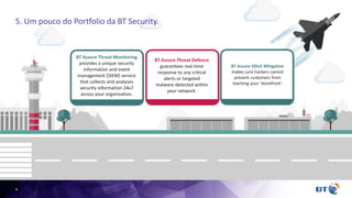 88
5. Um pouco do Portfolio da BT Security.
BT Assure DDoS Mitigation
makes sure hackers cannot
prevent customers from
reaching your ‘storefront’.
BT Assure Threat Defence
guarantees real-time
response to any critical
alerts or targeted
malware detected within
your network.
BT Assure Threat Monitoring
provides a unique security
information and event
management (SIEM) service
that collects and analyses
security information 24x7
across your organisation.
 