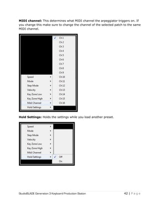 StudioBLADE Generation 3 Keyboard Production Station 42 | P a g e
MIDI channel: This determines what MIDI channel the arpeggiator triggers on. If
you change this make sure to change the channel of the selected patch to the same
MIDI channel.
Hold Settings: Holds the settings while you load another preset.
 