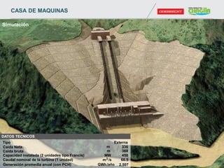 Simulación
DATOS TECNICOS
Caída Neta m 336
Caudal nominal de la turbina (1 unidad) m3 /s 66.5
Capacidad instalada (2 unidades tipo Francis) MW 450
Tipo Externa
Generación promedia anual (con PCH) GWh/año 2,507
Caída bruta m 368
CASA DE MAQUINAS
 