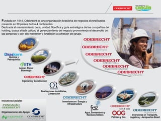 Química y
Petroquímica
Azúcar, Etanol
Bioenergía
Petróleo y Gas
Agua, Saneamiento y
Residuos Sólidos
Realizaciones Imobiliárias,
Construción
Ingeniería y Construcción
Inversiones en Energía y
Infraestructura
Inversiones en Transporte,
Logística y Aeropuertos Brasil
Iniciativas Sociales
Organizaciones de Apoyo
Fundada en 1944, Odebrecht es una organización brasileña de negocios diversificados
presente en 30 paises de los 4 continentes.
Dedicada al mantenimiento de su unidad filosófica y guía estratégica de las compañías del
holding, busca añadir calidad al gerenciamiento del negocio promoviendo el desarrollo de
las personas y con ello mantener y fortalecer la cohesión del grupo.
 