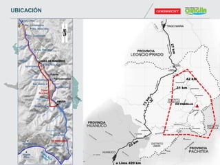 CH CHAGLLA
42 km
31 km
Pampamarca
Sta. Rosa Alta
Sta. Rita Sur
Sta. Rita Alta
QDA. AGUA NUEVA
San Martín
Huanchag
Huanacaure
Verde
Pozo
Pilcopampa
Tingopampa
Pto. Guadalupe
Pte. Chinchavito
Cayumba
CASA DE MAQUINAS
Igrompampa
Chichipara
Túnel
14.4 km
Huanipampa
Puente
PRESA
RESERVORIO
UBICACIÓN
 