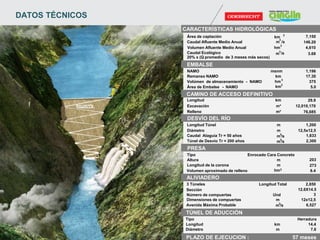 PLAZO DE EJECUCION : 57 meses
CARACTERÍSTICAS HIDROLÓGICAS
Área de captación km
2
7,150
3 Túneles
Caudal Afluente Medio Anual m
3
/s 146.20
Número de compuertas Und 3
Volumen Afluente Medio Anual hm
3
4,610
Dimensiones de compuertas m 12x12,5
Caudal Ecológico
20% x (Q promedio de 3 meses más secos)
m
3
/s 3.68
Avenida Máxima Probable m
3
/s 6,527
EMBALSE
TÚNEL DE ADUCCIÓN
NAMO msnm 1,196
Tipo
Remanso NAMO km 17.30
Longitud km 14.4
Volúmen de almacenamiento - NAMO hm
3
375
Diámetro m 7.6
Área de Embalse - NAMO km
2
5.0
CAMINO DE ACCESO DEFINITIVO
Longitud km 29.9
Excavación m³ 12,010,170
Relleno m³ 76,685
DESVÍO DEL RÍO
Longitud Túnel m 1,200
Diámetro m 12,5x12,5
Caudal Ataguía Tr = 50 años m
3
/s 1,833
PRESA
Tipo
Altura m 203
Longitud de la corona m 273
Volumen aproximado de relleno hm3
8.4
Longitud Total
Enrocado Cara Concreto
Herradura
ALIVIADERO
Túnel de Desvío Tr = 200 años m
3
/s 2,300
2,850
Sección 12.6X14.5
DATOS TÉCNICOS
 