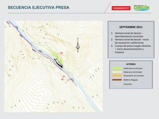 SEPTIEMBRE 2011
1. Ventana túnel de desvió –
Aportalamiento concluido.
2. Ventana túnel de desvió - Inicio
de excavación subterránea
3. Cuerpo de presa margen derecha
– Inicio desmontamiento y
limpieza
Desbroce en proceso
Desbroce terminado
Excavación en proceso
Relleno Ataguía
Concreto
LEYENDA
SECUENCIA EJECUTIVA PRESA
 