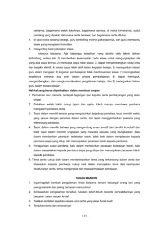 ceritanya, bagaimana watak tokohnya, bagaimana alurnya, di mana klimaksnya, sudut
    pandang yang dipakai, dari mana cerita berawal, dan bagaimana cerita ditutup.
4. di saat siswa sedang bekerja, guru berkeliling melihat pekerjaannya, dan guru membantu
    siswa yang mengalami kesulitan,
5. menyunting hasil pekerjaan siswa.
        Menurut Maulana, Ada beberapa kelebihan yang dimiliki oleh teknik latihan
terbimbing, antara lain 1) memberikan kesempatan pada siswa untuk mengungkapkan ide
yang ada pada dirinya; 2) memupuk daya nalar siswa; 3) dapat mengembangkan sikap kritis
dan berpikir efektif; 4) siswa dapat lebih aktif dalam kegiatan belajar; 5) meringankan beban
guru dalam mengajar; 6) kegiatan pembelajaran tidak membosankan siswa; 7) meningkatkan
terjalinnya    interaksi   dua   arah   dalam   proses   pembelajaran;   8)   dapat   memupuk,
mengembangkan, dan mengkomunikasikan pengalaman belajar, dan 9) meringankan beban
guru dalam proses belajar.
Hal-hal yang harus diperhatikan dalam membuat cerpen
1. Permainan alur menarik, terdapat tegangan dan kejutan serta pembayangan yang akan
    terjadi.
2. Pelukisan watak tokoh cukup tajam dan nyata, tokoh mampu membawa pembaca
    mengalami peristiwa cerita.
3. Tepat dalam memilih tempat yang mengukuhkan terjadinya peristiwa, tepat memilih waktu
    yang sesuai dengan peristiwa dalam cerita, dan tepat menggambarkan suasana yang
    mendukung peristiwa.
4. Tepat dalam memilih bahasa yang mengandung unsur emotif dan bersifat konotatif dan
    tidak tepat dalam memilih ungkapan yang mewakili sesuatu yang diungkapkan. Baik
    dalam memberikan perasaan kedekatan tokoh, tidak baik dalam menjelaskan kepada
    pembaca siapa yang dituju dan menunjukkan perasaan tokoh kepada pembaca.
5. Penggunaan sudut pandang, baik dalam memberikan perasaan kedekatan tokoh, baik
    dalam menjelaskan kepada pembaca siapa yang dituju dan menunjukkan perasaan tokoh
    kepada pembaca.
6. Tema cerita cukup baik dalam mendeskripsikan tema yang terkandung dalam cerita dan
    ditawarkan kepada pembaca, cukup baik dalam menyajikan tema dari kesimpulan
    keseluruhan cerita, tema mengangkat dari masalahmasalah kehidupan.


                                          TUGAS MANDIRI
1. Ingat-ingatlah kembali pengalaman Anda bersama teman/ keluarga/ orang lain yang
    paling menarik dan paling berkesan menurutmu!
2. Berdasarkan pengalaman tersebut, tuliskan tokoh-tokoh beserta perwatakannya yang
    berperan dalam cerpen Anda!
3. Tuliskan rentetan kejadian secara urut cerita yang akan Anda buat!
4. Tentukan tema dan amanatnya!


                                                125
 