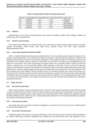 Assessment of Essential and Non-Essential Metals Concentration in Some Selected Edible Vegetables Irrigated with
Municipal Waste Water in Mayham, Adigrat, Estern Tigray – Ethiopia
ISSN : 2351-8014 Vol. 10 No. 1, Oct. 2014 248
Table2.1. Working Conditions of Atomic Absorption Spectroscopy
Element Wavelength( nm) Slit Width (nm) Lamp Current (mA) Flame type
Cd 228.8nm 0.2 4.0 Reducing
Pd 230.1nm 0.4 10.0 oxidizing
Cu 324.8nm 0.5 4.0 Air/acetylene
Zn 213.9nm 1.0 5.0 Air/acetylene
Fe 248.3nm 0.2 5.0 Air/acetylene
2.2.2 CHEMICALS
Distillated water, H2SO4, HClO4, concentrated HNO3, stock solutions of Cd(NO3)2, Cu(NO3)2, CaCO3, Pb(NO3)2, Fe(NO3)2 and
Zn(NO3)2 was used in the experiment.
2.2.3 APPARATUS AND INSTRUMENTS
Poly ethylene bags, different size volumetric flasks, oven, mixer grinder, beakers, digital analytical balance, Crucibles,
pipettes, thermometer, muffle furnace, filter Paper No.41, porcelain mortar, and flame atomic absorption
spectrophotometer (FAAS).
2.2.4 FLAME ATOMIC ABSORPTION SPECTROMETRY (FAAS)
FAAS is a method of detecting and measuring metallic elements. It is the most widely used technique for analysis of trace
metals in contaminated wastes. The introduction of FAAS has produced a rapid and relatively inexpensive method for the
quantitative determination of metals at trace level (1-100 ppm) in a wide variety of samples. This technique is based on the
vaporization of the analyte sample by aspirator of the solution into the flame. The samples to be investigated have to be
broken in to their atoms. This is done by aspirating the sample solution into a hot flame. Before it enters the flame the
solution is dispersed into a mist of very fine droplets, which evaporates in the flame. At least a part of the vaporized
molecules must dissociate into atoms of the element to be measured. Light of certain wave length produced by a special type
of light source or lamp is passed through the long axis of a flat flame and into a spectrometry. The atom dispersed in the
flame, absorbs some of the radiation. They do not absorb all the line emitted by the lamp, since nearly all the atoms are in
their ground state. Therefore only those emission lines that correspond to transitions from the ground state will be absorbed
consequently, the beam of radiation coming out of the sample misses the radiation in the corresponding wave length, which
is a measure of the characteristics of the sample. The instrument to be used is the buck model 210VGP atomic absorption
spectrophotometer [6].
2.3 SAMPLE COLLECTION
2.3.1 COLLECTION OF WATER SAMPLE
Water sample collection was performed by the distance of 50cm in order to get representative sample and 50 cm depth
in order to exclude the dust materials. Finally the freshly collected water sample was mixed together and was taken the
composite sample for digestion process. Water samples means that waste water used for irrigation was collected along with
the blank (distilled water) in a 100 ml pre acid - washed polypropylene bottle and 1 ml of *8concentrated HNO3 was added to
the sample to avoid microbial activity [2].
2.3.2 COLLECTION OF SOIL SAMPLE
Soil samples were also be collected in triplicate by digging out a monolith of 10 x 10 x 15 cm size from 4 different fields
from waste water irrigation sites.
2.3.3 COLLECTION OF VEGETABLE SAMPLE
Vegetables samples were air dried, crushed, passed through a 2 mm mesh sieve and were stored at ambient temperature
for analysis. Edible parts of different vegetables were collected from the experimental sites. Leafy vegetables such as
 
