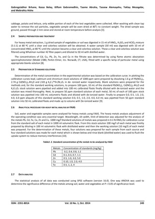 Gebregziabher Brhane, Kassa Belay, Kiflom Gebremedhin, Taame Abraha, Tassew Alemayehu, Teklay Mezegebe,
and Mebrahtu Hishe
ISSN : 2351-8014 Vol. 10 No. 1, Oct. 2014 249
cabbage, potato and lettuce, only edible portion of each of the test vegetables were collected. After washing with clean tap
water to remove the soil particles, vegetable sample will be oven dried at 80
o
c to constant weight. The dried sample was
ground, passed through 2 mm sieve and stored at room temperature before analysis [3].
2.4 SAMPLE PREPARATION AND TREATMENT
For heavy metal extraction, 1 g dried sample of vegetables or soil was digested in 15 ml of HNO3, H2SO4 and HClO4 mixture
(5:1:1) at 80 ºC until a clear and colorless solution will be obtained. A water sample (50 ml) was digested with 10 ml of
concentrated HNO3 at 80 ºC until the solution became a clear and colorless solution. These a clear and colorless solution was
filtered using Whatman number 42 filter papers and diluted to 50 ml with distilled water.
The concentrations of Cd, Cu, Pb, Zn, Fe, and Ca in the filtrate was determined by using flame atomic absorption
spectrophotometer (Model 2380, Perkin Elmer, Inc. Norwalk, CT, USA), fitted with a specific lamp of particular metal using
appropriate blanks solution [8].
2.5 PREPARATION OF STANDARD SOLUTIONS
Determination of the metal concentration in the experimental solution was based on the calibration curve. In plotting the
calibration curves lead, cadmium and chromium stock solutions of 1000 ppm were prepared by dissolving 1.6 g of Pb(NO3)2,
2.74 g Cd(NO3)2.4H2O and 2.83 g K2C-/*9+/8r2O7 in de- ionized water respectively. Blank solutions were prepared for the
methods and, for the standard working solutions, to prepare 100 ppm, 10 mL of the standard Pb(NO3)2, Cd(NO3)2.4H2O and
K2Cr2O7 stock solution were pipetted and added into 100 mL calibrated flasks finally diluted with de-ionized water and the
solution was mixed thoroughly. Next, to prepare 50 ppm standard solution of each metal, 50 mL of each of 100 ppm stock
solution was pipetted into 100 mL volumetric flasks and diluted with de-ionized water. Finally to prepare 0.0, 0.5, 1.0, 2.0,
4.0, 6.0 ppm aliquots of this standard working solution 0.0, 0.5, 1.0, 2.0, 4.0, 6.0 mL was pipetted from 50 ppm standard
solution into 50 mL calibrated flasks and made up to volume with De-ionized water [9].
2.6 ANALYTICAL PROCEDURE FOR HEAVY METAL ANALYSIS BY FAAS
Soil, water and vegetable samples were analyzed for heavy metals using FAAS. The heavy metals analysis adjustment of
the operating condition was very essential target. Wavelength, slit width, limit of detection was adjusted for the analysis of
the metals Pb, Cd, Fe, Ca, Zn and Cu. 1000 mg/l Standard solutions of metals was prepared in 0.1 N HNO3 for calibration curve
from the standard salt of each metal in 1000 ml volumetric flask. From this stock solution 100 mg/l of each metal was freshly
prepared by diluting in 100 ml volumetric flask with distillated water and then the working solution (10 mg/l) of each metal
was prepared. For the determination of these metals, four solutions was prepared for each sample from each source and
four standard solutions was made for each metal which is shown below and rinse blank (distilled water) was used to flush the
uptake system to reduce memory interferences [10].
Table2. 2. Standard concentration of the metals to be analyzed by FAAS
Metals Concentration of standards (mg/kg)
Pb 0.2, 0.4, 0.8, 1.2
Cd 0.1, 0.3, 0.7, 1.1
Zn 0.5, 1.0, 3.0, 5.0
Cu 0.10, 1.0, 2.0, 4.0
Fe 0.5, 1, 2, 4
2.7 DATA ANALYSIS
The statistical analysis of all data was conducted using SPSS software (version 16.0). One way ANOVA was used to
determine the significance difference of the metals among soil, water and vegetables at P < 0.05 of significance level.
 