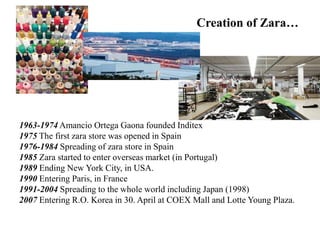 Creation of Zara…
Zara…
1963-1974 Amancio Ortega Gaona founded Inditex
1975 The first zara store was opened in Spain
1976-1984 Spreading of zara store in Spain
1985 Zara started to enter overseas market (in Portugal)
1989 Ending New York City, in USA.
1990 Entering Paris, in France
1991-2004 Spreading to the whole world including Japan (1998)
2007 Entering R.O. Korea in 30. April at COEX Mall and Lotte Young Plaza.
 