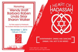 For their support of Hadassah,
the southern Nevada Community & Israel
November 1, 2014
7:00 pm-11:00 pm
ENTERTAINMENT, DINING AND DANCING
UNIQUE, FUN, NOT TO BE MISSED
Tickets $180 each, tables $1800
Ad book and Auction opportunities
Honoring
Wendy Kraft
Barbara Raben
Linda Sklar
Sharon Walker
 
