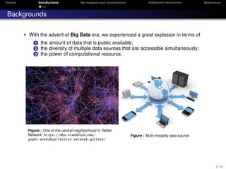 Outline Introductions My research and contributions Additional information References
Backgrounds
• With the advent of Big Data era, we experienced a great explosion in terms of
1 the amount of data that is public available;
2 the diversity of multiple data sources that are accessible simultaneously;
3 the power of computational resource.
Figure : One of the central neighborhood in Twitter
Network. https://dhs.standford.edu/
gephi-workshop/twitter-network-gallery/
Figure : Multi-modality data source
3 / 12
 