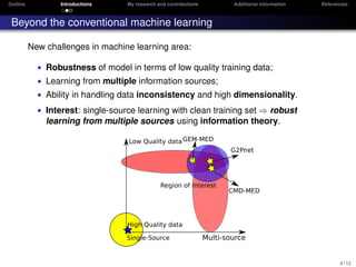 Outline Introductions My research and contributions Additional information References
Beyond the conventional machine learning
New challenges in machine learning area:
• Robustness of model in terms of low quality training data;
• Learning from multiple information sources;
• Ability in handling data inconsistency and high dimensionality.
• Interest: single-source learning with clean training set ⇒ robust
learning from multiple sources using information theory.
4 / 12
 