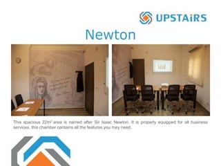 Newton
This spacious 22m2 area is named after Sir Isaac Newton. It is properly equipped for all business
services, this chamber contains all the features you may need.
 