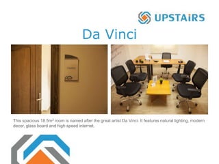 Da Vinci
This spacious 18.5m2 room is named after the great artist Da Vinci. It features natural lighting, modern
decor, glass board and high speed internet.
 