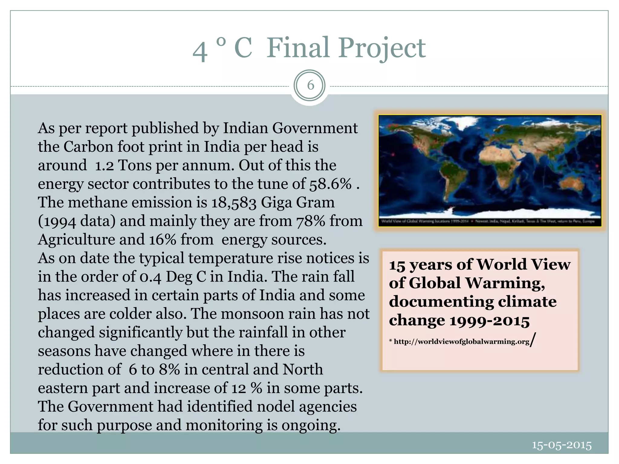 4 ° C Final Project
15-05-2015
6
As per report published by Indian Government
the Carbon foot print in India per head is
around 1.2 Tons per annum. Out of this the
energy sector contributes to the tune of 58.6% .
The methane emission is 18,583 Giga Gram
(1994 data) and mainly they are from 78% from
Agriculture and 16% from energy sources.
As on date the typical temperature rise notices is
in the order of 0.4 Deg C in India. The rain fall
has increased in certain parts of India and some
places are colder also. The monsoon rain has not
changed significantly but the rainfall in other
seasons have changed where in there is
reduction of 6 to 8% in central and North
eastern part and increase of 12 % in some parts.
The Government had identified nodel agencies
for such purpose and monitoring is ongoing.
15 years of World View
of Global Warming,
documenting climate
change 1999-2015
* http://worldviewofglobalwarming.org/
 