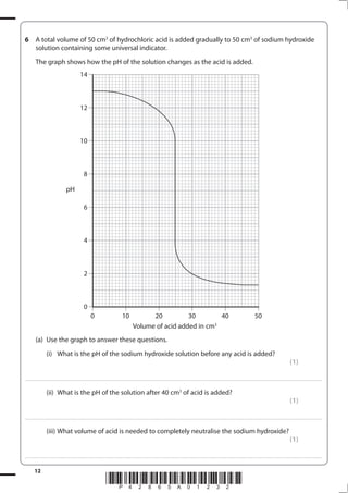 12
*P42865A01232*
6 A total volume of 50 cm3
of hydrochloric acid is added gradually to 50 cm3
of sodium hydroxide
solution containing some universal indicator.
The graph shows how the pH of the solution changes as the acid is added.
(a) Use the graph to answer these questions.
(i) What is the pH of the sodium hydroxide solution before any acid is added?
(1)
....................................................................................................................................................................................................................................................................................
(ii) What is the pH of the solution after 40 cm3
of acid is added?
(1)
....................................................................................................................................................................................................................................................................................
(iii) What volume of acid is needed to completely neutralise the sodium hydroxide?
(1)
....................................................................................................................................................................................................................................................................................
14
12
10
8
6
4
2
0
0 10 20 30 40 50
pH
Volume of acid added in cm3
 