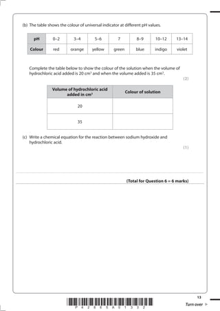 13
*P42865A01332* Turn over
(b) The table shows the colour of universal indicator at different pH values.
pH 0–2 3–4 5–6 7 8–9 10–12 13–14
Colour red orange yellow green blue indigo violet
Complete the table below to show the colour of the solution when the volume of
hydrochloric acid added is 20 cm3
and when the volume added is 35 cm3
.
(2)
Volume of hydrochloric acid
added in cm3 Colour of solution
20
35
(c) Write a chemical equation for the reaction between sodium hydroxide and
hydrochloric acid.
(1)
....................................................................................................................................................................................................................................................................................
(Total for Question 6 = 6 marks)
 