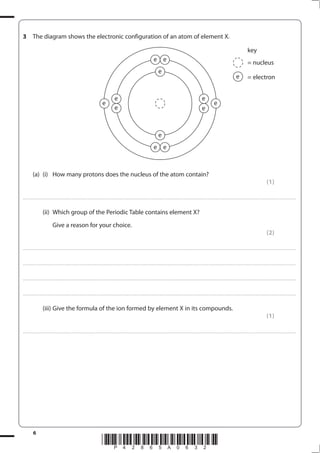 6
*P42865A0632*
3 The diagram shows the electronic configuration of an atom of element X.
(a) (i) How many protons does the nucleus of the atom contain?
(1)
....................................................................................................................................................................................................................................................................................
(ii) Which group of the Periodic Table contains element X?
Give a reason for your choice.
(2)
....................................................................................................................................................................................................................................................................................
....................................................................................................................................................................................................................................................................................
....................................................................................................................................................................................................................................................................................
....................................................................................................................................................................................................................................................................................
(iii) Give the formula of the ion formed by element X in its compounds.
(1)
....................................................................................................................................................................................................................................................................................
key
= nucleus
= electron
e
e
e
e
e e
e e
e
e
e
e
e
 