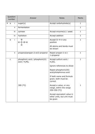 Question
number
Answer Notes Marks
4 a i sugar(s) Accept carbohydrate(s) 1
ii fermentation 1
iii zymase Accept enzyme(s) / yeast 1
iv hydration Accept addition 1
b i Accept O−H in any
position
All atoms and bonds must
be shown
1
ii propanol/propan-2-ol/2-propanol Reject propan-1-ol /
1-propanol
1
c phosphoric acid / phosphoric(V)
acid / H3PO4
Accept sulfuric acid /
H2SO4
Ignore references to dilute
Reject phosphoric(III)
acid/phosphorous acid
If both name and formula
given, both must be
correct
1
300 (°C) Accept a value, or any
range, within the range
250-350 (°C)
Accept equivalent value in
other units, but unit must
be given
1
 