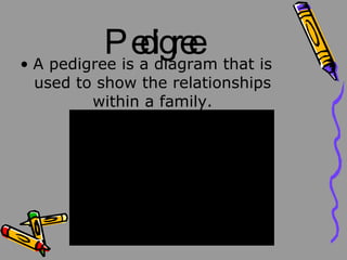 Pedigree A pedigree is a diagram that is used to show the relationships within a family.