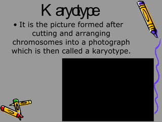 Karyotype It is the picture formed after cutting and arranging chromosomes into a photograph which is then called a karyotype.