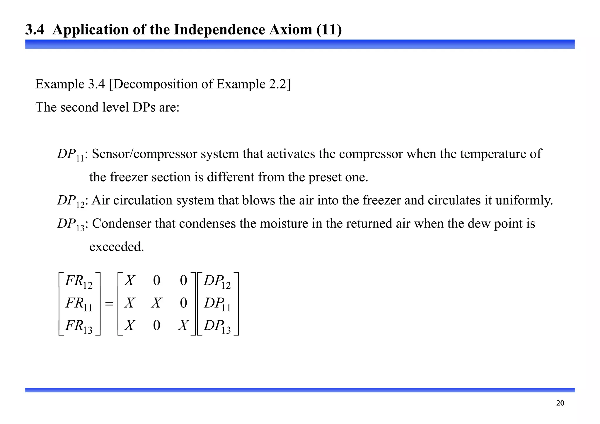 































13
11
12
13
11
12
0
0
0
0
DP
DP
DP
X
X
X
X
X
FR
FR
FR
Example 3.4 [Decomposition of Example 2.2]
The second level DPs are:
DP11: Sensor/compressor system that activates the compressor when the temperature of
the freezer section is different from the preset one.
DP12: Air circulation system that blows the air into the freezer and circulates it uniformly.
DP13: Condenser that condenses the moisture in the returned air when the dew point is
exceeded.
3.4 Application of the Independence Axiom (11)
 