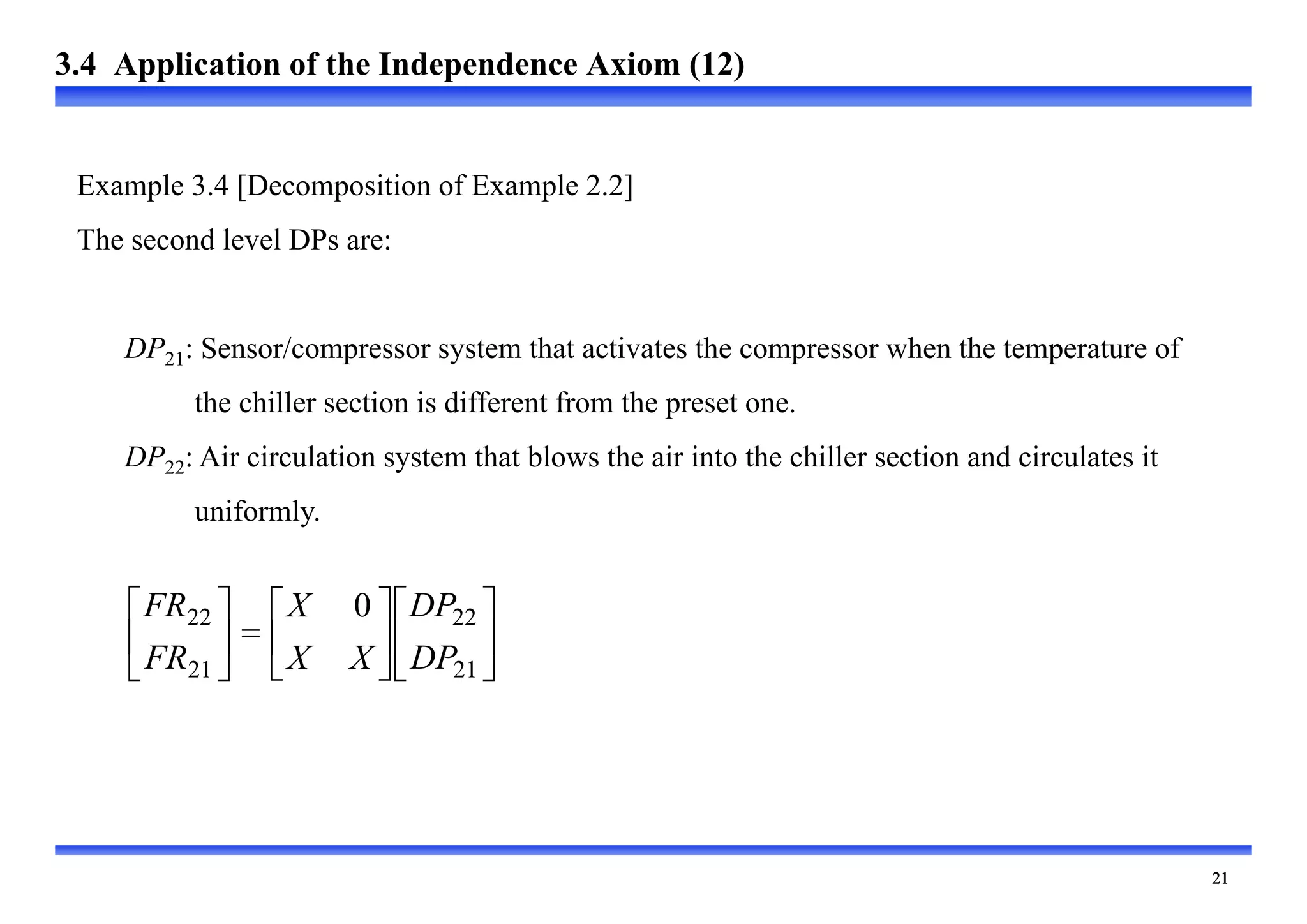 



















21
22
21
22 0
DP
DP
X
X
X
FR
FR
Example 3.4 [Decomposition of Example 2.2]
The second level DPs are:
DP21: Sensor/compressor system that activates the compressor when the temperature of
the chiller section is different from the preset one.
DP22: Air circulation system that blows the air into the chiller section and circulates it
uniformly.
3.4 Application of the Independence Axiom (12)
 