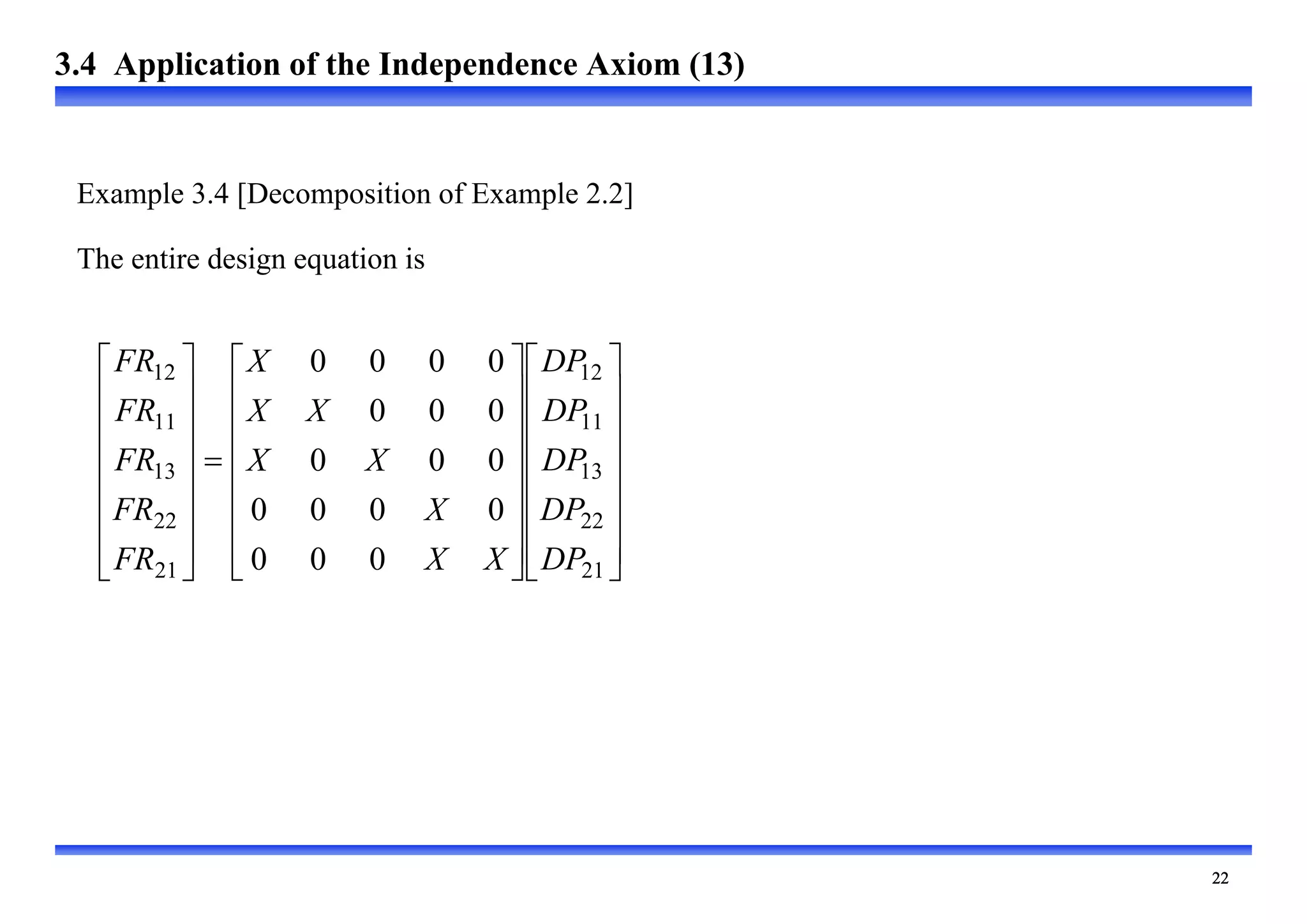 

















































21
22
13
11
12
21
22
13
11
12
0
0
0
0
0
0
0
0
0
0
0
0
0
0
0
0
0
DP
DP
DP
DP
DP
X
X
X
X
X
X
X
X
FR
FR
FR
FR
FR
Example 3.4 [Decomposition of Example 2.2]
The entire design equation is
3.4 Application of the Independence Axiom (13)
 