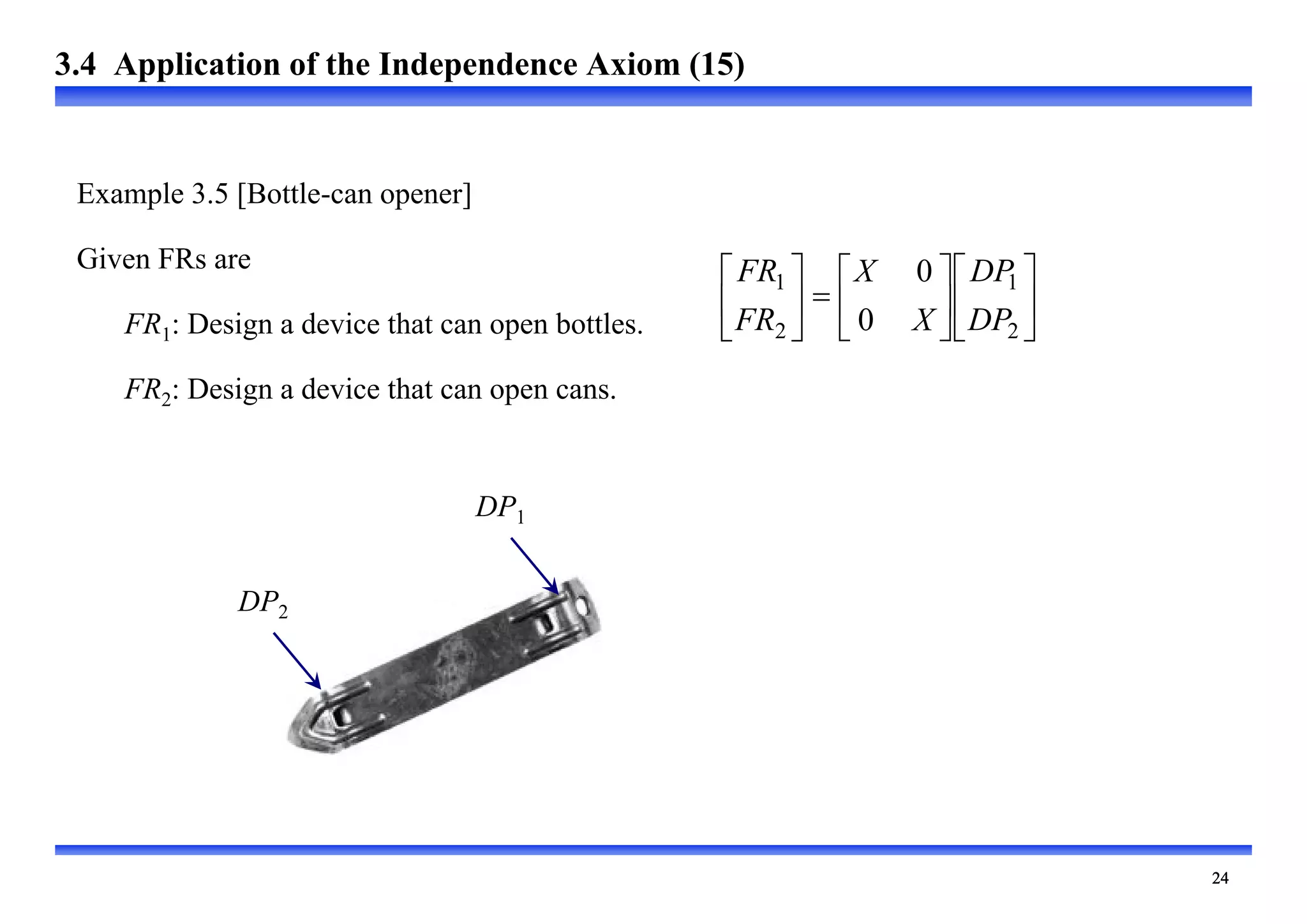 



















2
1
2
1
0
0
DP
DP
X
X
FR
FR
Example 3.5 [Bottle-can opener]
Given FRs are
FR1: Design a device that can open bottles.
FR2: Design a device that can open cans.
3.4 Application of the Independence Axiom (15)
DP2
DP1
 
