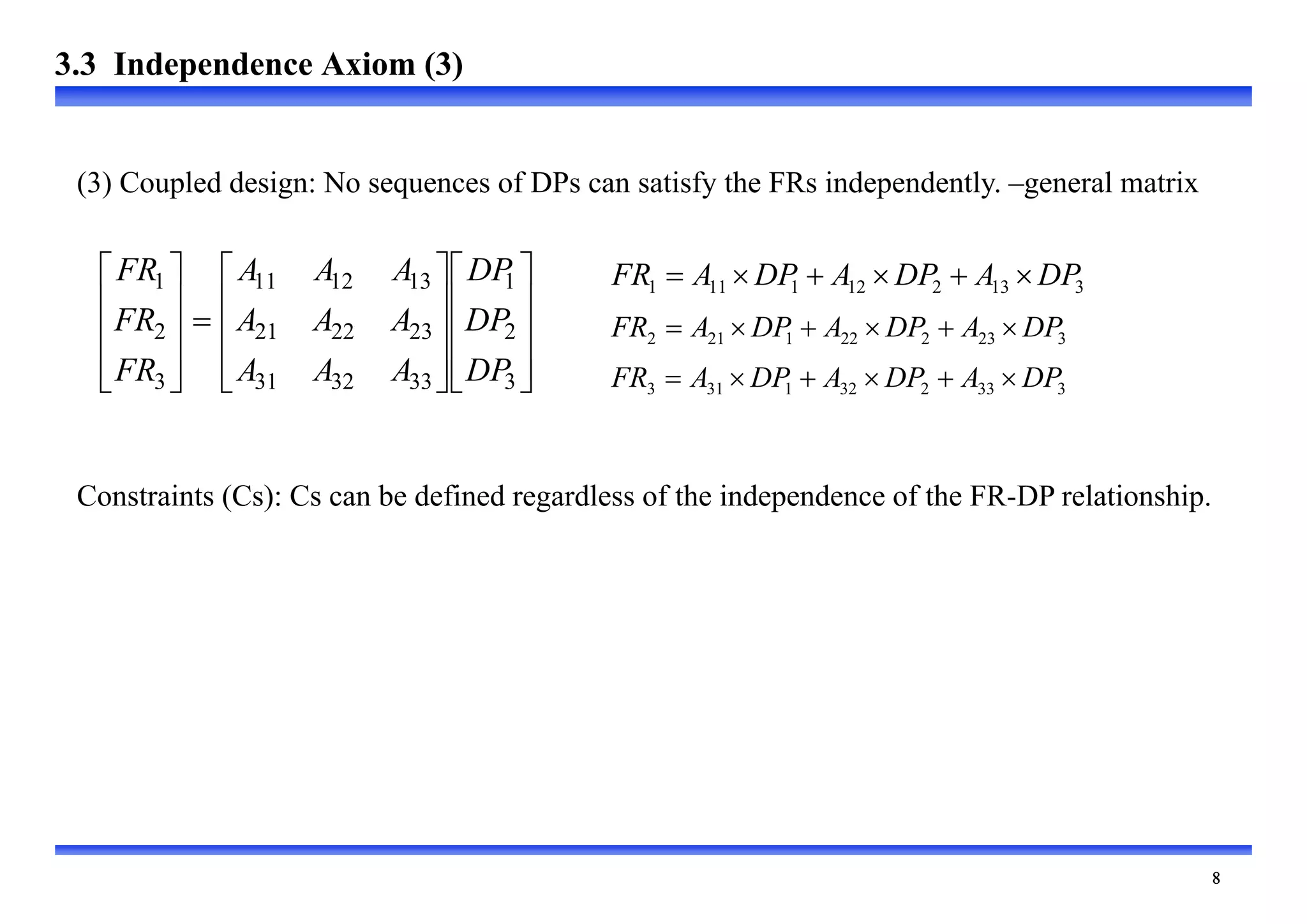 
(3) Coupled design: No sequences of DPs can satisfy the FRs independently. –general matrix































3
2
1
33
32
31
23
22
21
13
12
11
3
2
1
DP
DP
DP
A
A
A
A
A
A
A
A
A
FR
FR
FR 3
13
2
12
1
11
1 DP
A
DP
A
DP
A
FR 





3
23
2
22
1
21
2 DP
A
DP
A
DP
A
FR 





3
33
2
32
1
31
3 DP
A
DP
A
DP
A
FR 





Constraints (Cs): Cs can be defined regardless of the independence of the FR-DP relationship.
3.3 Independence Axiom (3)
 