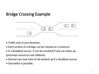 Bridge Crossing Example
• Traffic only in one direction.
• Each section of a bridge can be viewed as a resource.
• If a deadlock occurs, it can be resolved if one car backs up
(preempt resources and rollback).
• Several cars may have to be backed up if a deadlock occurs.
• Starvation is possible.
4
 