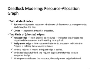 9
Deadlock Modeling: Resource-Allocation
Graph
• Two kinds of nodes:
 Squares— Represent resources –Instances of the resource are represented
as dots within the box.
 Circles — Represent threads / processes.
• Two kinds of (directed) edges:
 Request edge — from process to resource — indicates the process has
requested the resource, and is waiting to acquire it.
 Assignment edge —from resource-instance to process— indicates the
Process is holding the resource instance.
 When a request is made, a request edge is added.
 When request is fulfilled, the request edge is transformed into an
assignment edge.
 When process releases the resource, the assignment edge is deleted.
 