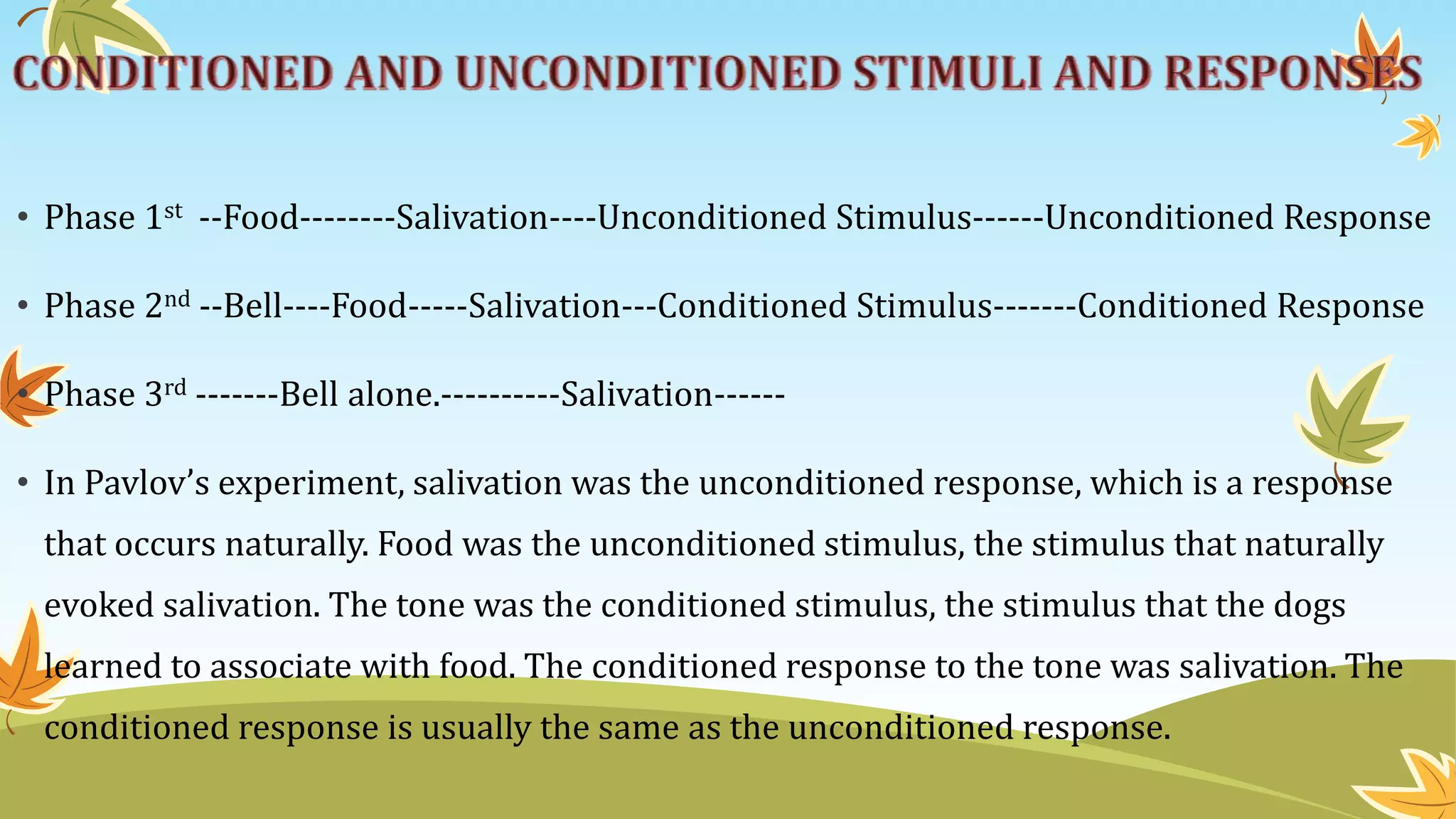 • Phase 1st --Food--------Salivation----Unconditioned Stimulus------Unconditioned Response
• Phase 2nd --Bell----Food-----Salivation---Conditioned Stimulus-------Conditioned Response
• Phase 3rd -------Bell alone.----------Salivation------
• In Pavlov’s experiment, salivation was the unconditioned response, which is a response
that occurs naturally. Food was the unconditioned stimulus, the stimulus that naturally
evoked salivation. The tone was the conditioned stimulus, the stimulus that the dogs
learned to associate with food. The conditioned response to the tone was salivation. The
conditioned response is usually the same as the unconditioned response.
 