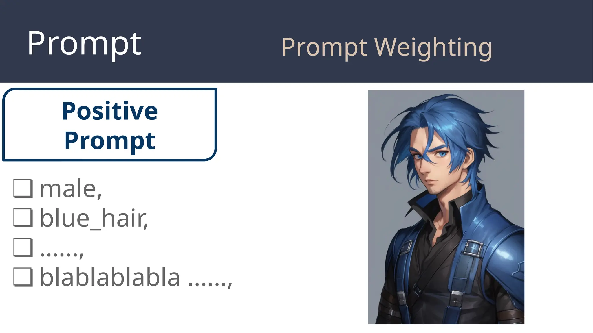❏ male,
❏ blue_hair,
❏ …...,
❏ blablablabla ......,
Prompt
Positive
Prompt
Prompt Weighting
 