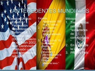  Estados Unidos:       España:                 México:
1. Estados /            1. Aprobación 187       1. Tres intentos
    Federación             vs 147 votos.
                        2. Laicización
                                                   por las
2. Republicanos:                                   “sociedades
                           social y la
    Defense of             democratizació          de
    marriage act           n                       conveniencia
    (DOMA), reelecci    3. Código civil: “El
    ón de Bush 2002.                               ”
                            matrimonio
3. Alan Dershowitz:         tendrá los          2. En contra de
    Confusión unión         mismos                 la Ley Gay
    civil/ Matrimonio       requisitos y        3. PRD vs PAN
                            efectos cuando la
    religioso               pareja sea del
                            mismo o
                            diferente sexo.”
 