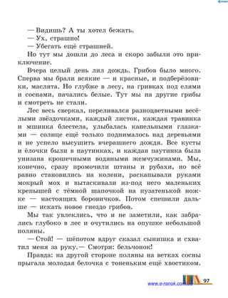 — Видишь? А ты хотел бежать.
— Ух, страшно!
— Убегать ещё страшней.
Но тут мы дошли до леса и скоро забыли это при-
ключение.
Вчера целый день лил дождь. Грибов было много.
Сперва мы брали всякие — и красные, и подберёзови-
ки, маслята. Но глубже в лесу, на гривках под елями
и соснами, начались белые. Тут мы на другие грибы
и  смотреть не стали.
Лес весь сверкал, переливался разноцветными весё-
лыми звёздочками, каждый листок, каждая травинка
и мшинка блестела, улыбалась капельными глазка-
ми  — солнце ещё только поднималось над деревьями
и не успело высушить вчерашнего дождя. Все кусты
и ёлочки были в паутинках, и каждая паутинка была
унизана крошечными водяными жемчужинами. Мы,
конечно, сразу промочили штаны и рубахи, но всё
равно становились на колени, раскапывали руками
мокрый мох и вытаскивали из-под него маленьких
крепышей с тёмной шапочкой на пузатенькой нож-
ке  — настоящих боровичков. Потом спешили даль-
ше  — искать новое гнездо грибов.
Мы так увлеклись, что и не заметили, как забра-
лись глубоко в лес и очутились на опушке небольшой
поляны.
— Стой!  — шёпотом вдруг сказал сынишка и схва-
тил меня за руку.— Смотри: бельчонок!
Правда: на другой стороне поляны на ветках сосны
прыгала молодая белочка с тоненьким ещё хвостиком.
97www.e-ranok.com.ua
 