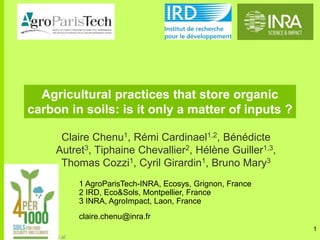Agricultural practices that store organic
carbon in soils: is it only a matter of inputs ?
Claire Chenu1, Rémi Cardinael1,2, Bénédicte
Autret3, Tiphaine Chevallier2, Hélène Guiller1,3,
Thomas Cozzi1, Cyril Girardin1, Bruno Mary3
1
GSOC 2017-Chenu et al.
1 AgroParisTech-INRA, Ecosys, Grignon, France
2 IRD, Eco&Sols, Montpellier, France
3 INRA, AgroImpact, Laon, France
claire.chenu@inra.fr
 