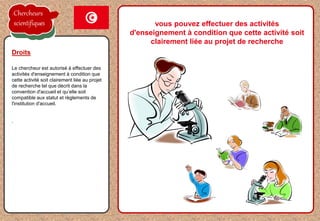 la proposition de l'employeur est acceptée
Le chercheur est autorisé à effectuer des
activités d'enseignement à condition que
cette activité soit clairement liée au projet
de recherche tel que décrit dans la
convention d'accueil et qu’elle soit
compatible aux statut et règlements de
l'institution d'accueil.
.
Droits
vous pouvez effectuer des activités
d'enseignement à condition que cette activité soit
clairement liée au projet de recherche
Chercheurs
scientifiques
 
