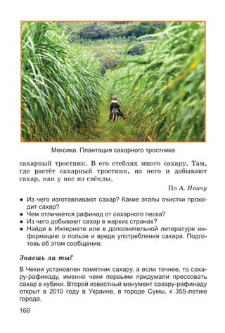 168
Мексика. Плантация сахарного тростника
ñàõàðíûé òðîñòíèê. Â åãî ñòåáëÿõ ìíîãî ñàõàðó. Òàì,
ãäå ðàñòёò ñàõàðíûé òðîñòíèê, èç íåãî è äîáûâàþò
ñàõàð, êàê ó íàñ èç ñâёêëû.
Ïî À. Èâè÷ó
● Из чего изготавливают сахар? Какие этапы очистки прохо-
дит сахар?
● Чем отличается рафинад от сахарного песка?
● Из чего добывают сахар в жарких странах?
● Найди в Интернете или в дополнительной литературе ин-
формацию о пользе и вреде употребления сахара. Подго-
товь об этом сообщение.
Çíàåøü ëè òû?
В Чехии установлен памятник сахару, а если точнее, то саха-
ру-рафинаду, именно чехи первыми придумали прессовать
сахар в кубики. Второй известный монумент сахару-рафинаду
открыт в 2010 году в Украине, в городе Сумы, к 355-летию
города.
 