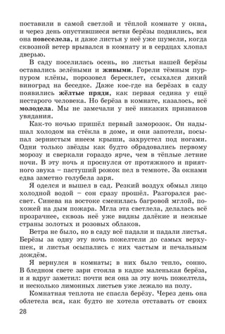 28
ïîñòàâèëè â ñàìîé ñâåòëîé è òёïëîé êîìíàòå ó îêíà,
è ÷åðåç äåíü îïóñòèâøèåñÿ âåòâè áåðёçû ïîäíÿëèñü, âñÿ
îíà ïîâåñåëåëà, è äàæå ëèñòüÿ ó íåё óæå øóìåëè, êîãäà
ñêâîçíîé âåòåð âðûâàëñÿ â êîìíàòó è â ñåðäöàõ õëîïàë
äâåðüþ.
Â ñàäó ïîñåëèëàñü îñåíü, íî ëèñòüÿ íàøåé áåðёçû
îñòàâàëèñü çåëёíûìè è æèâûìè. Ãîðåëè òёìíûì ïóð-
ïóðîì êëёíû, ïîðîçîâåë áåðåñêëåò, ññûõàëñÿ äèêèé
âèíîãðàä íà áåñåäêå. Äàæå êîå-ãäå íà áåðёçàõ â ñàäó
ïîÿâèëèñü æёëòûå ïðÿäè, êàê ïåðâàÿ ñåäèíà ó åùё
íåñòàðîãî ÷åëîâåêà. Íî áåðёçà â êîìíàòå, êàçàëîñü, âñё
ìîëîäåëà. Ìû íå çàìå÷àëè ó íåё íèêàêèõ ïðèçíàêîâ
óâÿäàíèÿ.
Êàê-òî íî÷üþ ïðèøёë ïåðâûé çàìîðîçîê. Îí íàäû-
øàë õîëîäîì íà ñòёêëà â äîìå, è îíè çàïîòåëè, ïîñû-
ïàë çåðíèñòûì èíååì êðûøè, çàõðóñòåë ïîä íîãàìè.
Îäíè òîëüêî çâёçäû êàê áóäòî îáðàäîâàëèñü ïåðâîìó
ìîðîçó è ñâåðêàëè ãîðàçäî ÿð÷å, ÷åì â òёïëûå ëåòíèå
íî÷è. Â ýòó íî÷ü ÿ ïðîñíóëñÿ îò ïðîòÿæíîãî è ïðèÿò-
íîãî çâóêà – ïàñòóøèé ðîæîê ïåë â òåìíîòå. Çà îêíàìè
åäâà çàìåòíî ãîëóáåëà çàðÿ.
ß îäåëñÿ è âûøåë â ñàä. Ðåçêèé âîçäóõ îáìûë ëèöî
õîëîäíîé âîäîé – ñîí ñðàçó ïðîøёë. Ðàçãîðàëñÿ ðàñ-
ñâåò. Ñèíåâà íà âîñòîêå ñìåíèëàñü áàãðîâîé ìãëîé, ïî-
õîæåé íà äûì ïîæàðà. Ìãëà ýòà ñâåòëåëà, äåëàëàñü âñё
ïðîçðà÷íåå, ñêâîçü íåё óæå âèäíû äàëёêèå è íåæíûå
ñòðàíû çîëîòûõ è ðîçîâûõ îáëàêîâ.
Âåòðà íå áûëî, íî â ñàäó âñё ïàäàëè è ïàäàëè ëèñòüÿ.
Áåðёçû çà îäíó ýòó íî÷ü ïîæåëòåëè äî ñàìûõ âåðõó-
øåê, è ëèñòüÿ îñûïàëèñü ñ íèõ ÷àñòûì è ïå÷àëüíûì
äîæäёì.
ß âåðíóëñÿ â êîìíàòû; â íèõ áûëî òåïëî, ñîííî.
Â áëåäíîì ñâåòå çàðè ñòîÿëà â êàäêå ìàëåíüêàÿ áåðёçà,
è ÿ âäðóã çàìåòèë: ïî÷òè âñÿ îíà çà ýòó íî÷ü ïîæåëòåëà,
è íåñêîëüêî ëèìîííûõ ëèñòüåâ óæå ëåæàëî íà ïîëó.
Êîìíàòíàÿ òåïëîòà íå ñïàñëà áåðёçó. ×åðåç äåíü îíà
îáëåòåëà âñÿ, êàê áóäòî íå õîòåëà îòñòàâàòü îò ñâîèõ
 
