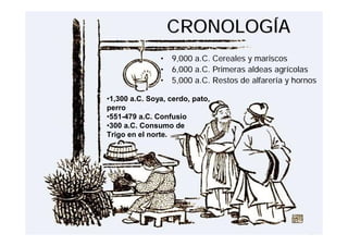 CRONOLOGÍA
               •   9,000 a.C. Cereales y mariscos
               •   6,000 a.C. Primeras aldeas agrícolas
               •   5,000 a.C. Restos de alfarería y hornos

•1,300 a.C. Soya, cerdo, pato,
perro
•551-479 a.C. Confusio
•300 a.C. Consumo de
Trigo en el norte.
 