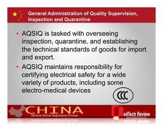 General Administration of Quality Supervision,
    Inspection and Quarantine

•  AQSIQ is tasked with overseeing
   inspec...