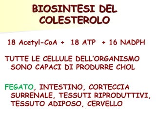 BIOSINTESI DEL 
COLESTEROLO 
18 Acetyl-CoA + 18 ATP + 16 NADPH 
TUTTE LE CELLULE DELL’ORGANISMO 
SONO CAPACI DI PRODURRE CHOL 
FEGATO, INTESTINO, CORTECCIA 
SURRENALE, TESSUTI RIPRODUTTIVI, 
TESSUTO ADIPOSO, CERVELLO 
 