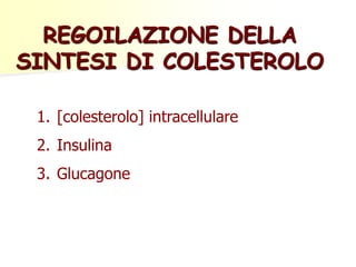 REGOILAZIONE DELLA 
SINTESI DI COLESTEROLO 
1. [colesterolo] intracellulare 
2. Insulina 
3. Glucagone 
 