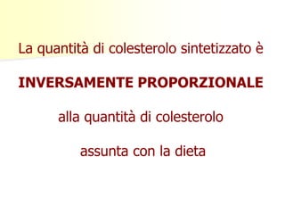 La quantità di colesterolo sintetizzato è 
INVERSAMENTE PROPORZIONALE 
alla quantità di colesterolo 
assunta con la dieta 
 
