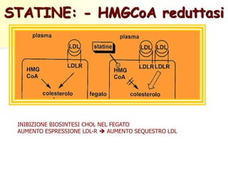 STATINE: - HMGCoA reduttasi 
INIBIZIONE BIOSINTESI CHOL NEL FEGATO 
AUMENTO ESPRESSIONE LDL-R  AUMENTO SEQUESTRO LDL 
 
