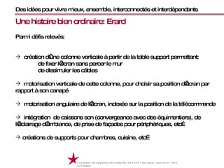 Des idées pour vivre mieux, ensemble, interconnectés et interdépendants Copyright Movingideas Christian Roche 2009 / partager, innover et vivre autrement  Parmi défis relevés: création d’une colonne verticale à partir de la table support permettant: de fixer l’écran sans percer le mur de dissimuler les câbles motorisation verticale de cette colonne, pour choisir sa position d’écran par rapport à son canapé motorisation angulaire de l’écran, indexée sur la position de la télécommande intégration  de caissons son (convergeance avec des équimentiers), de l’éclairage d’ambiance, de prise de façades pour périphériques, etc… créations de supports pour chambres, cuisine, etc… Une histoire bien ordinaire: Erard 
