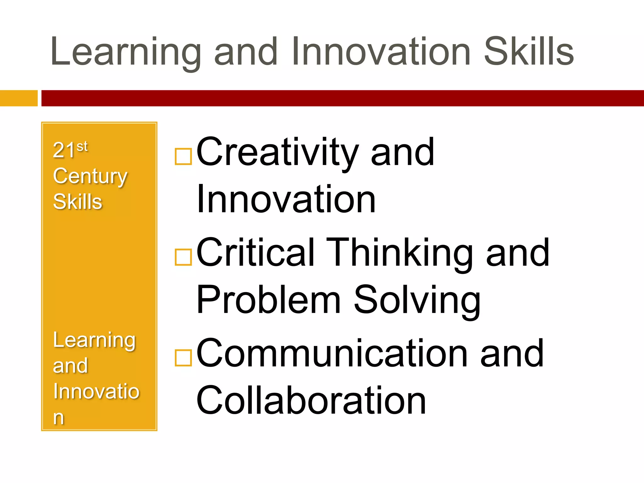 Learning and Innovation SkillsCreativity and InnovationCritical Thinking and Problem SolvingCommunication and Collaboration21st Century SkillsLearning and Innovation