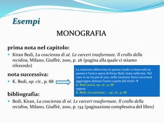 Esempi 
MONOGRAFIA 
prima nota nel capitolo: 
 Kiran Bedi, La coscienza di sé. Le carceri trasformate. Il crollo della 
recidiva, Milano, Giuffrè, 2001, p. 26 (pagina alla quale ci stiamo 
riferendo) 
nota successiva: 
 K. Bedi, op. cit., p. 88 
La citazione abbreviata in questo modo va bene solo se 
questa è l’unica opera di Kiran Bedi citata nella tesi. Nel 
caso ve ne sia più di una, nella citazione breve occorrerà 
aggiungere almeno l’anno o parte del titolo  
K. Bedi [2001], op. cit., p. 88 
oppure 
K. Bedi, La coscienza …, op. cit., p. 88 
bibliografia: 
 Bedi, Kiran, La coscienza di sé. Le carceri trasformate. Il crollo della 
recidiva, Milano, Giuffrè, 2001, p. 134 (paginazione complessiva del libro) 
 